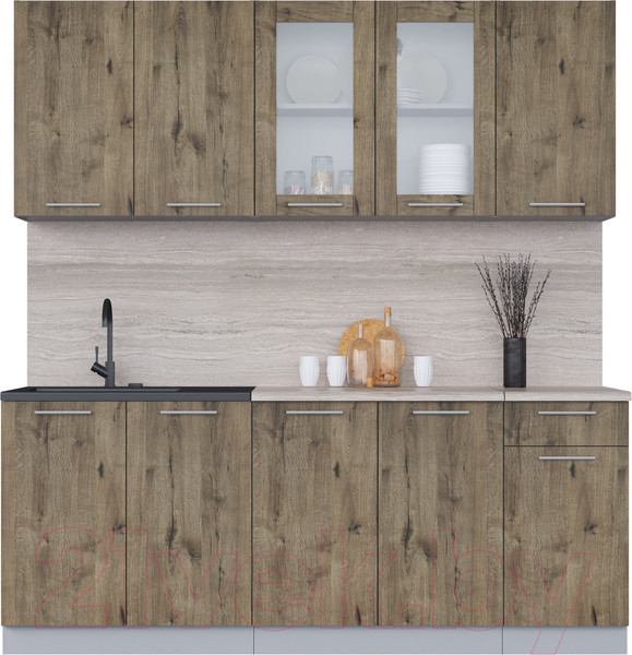 Изображение товара Кухонный гарнитур Интерлиния Мила 20 (дуб веллингтон/дуб веллингтон/травертин серый)