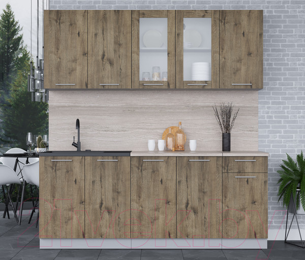 Изображение товара Кухонный гарнитур Интерлиния Мила 20 (дуб веллингтон/дуб веллингтон/травертин серый)