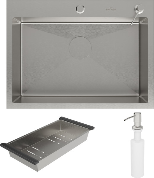 Изображение товара Мойка кухонная Roxen Simple 560220-65 с коландером и дозатором (сатин)