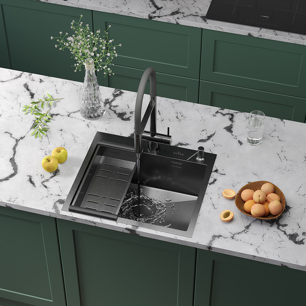 Изображение товара Мойка кухонная Roxen Simple 560220-55B PVD c коландером и дозатором (графит)