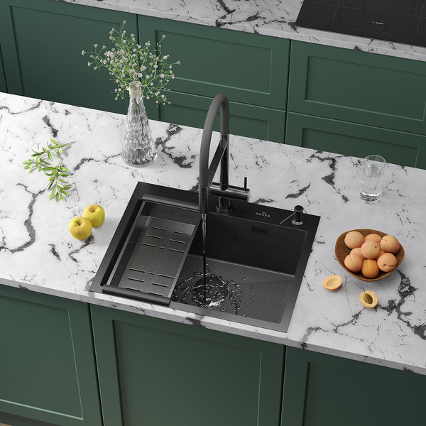 Изображение товара Мойка кухонная Roxen Snake 560220-60-BS PVD с коландером и дозатором (графит текстурный)