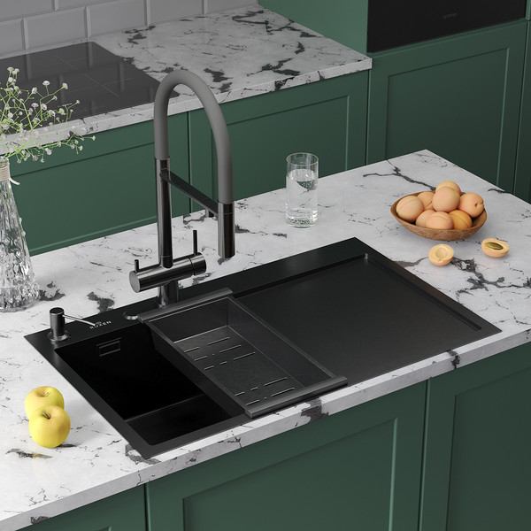 Изображение товара Мойка кухонная Roxen Vespa 560230-70LB PVD с коландером и дозатором (графит)