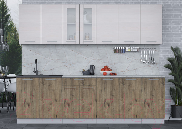 Изображение товара Кухонный гарнитур Интерлиния Мила 26 (вудлайн кремовый/дуб веллингтон/серый каспий)