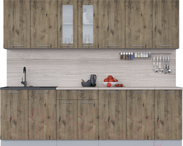 Изображение товара Кухонный гарнитур Интерлиния Мила 26 (дуб веллингтон/дуб веллингтон/травертин серый)