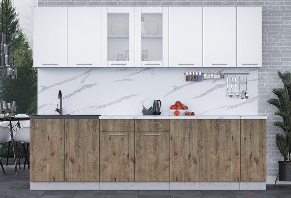 Изображение товара Кухонный гарнитур Интерлиния Мила 27 (белый платинум/дуб веллингтон/белый гранит)