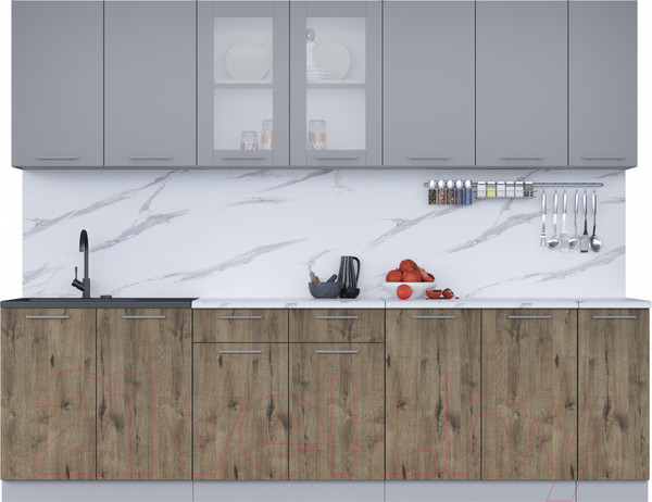 Изображение товара Кухонный гарнитур Интерлиния Мила 27 (серебро/дуб веллингтон/белый гранит)