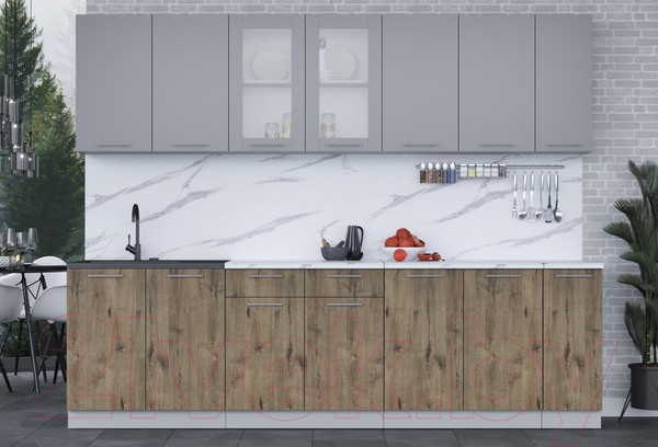 Изображение товара Кухонный гарнитур Интерлиния Мила 27 (серебро/дуб веллингтон/белый гранит)