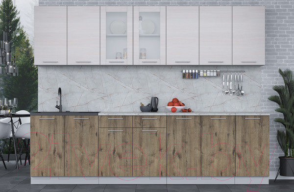 Изображение товара Кухонный гарнитур Интерлиния Мила 28 (вудлайн кремовый/дуб веллингтон/серый каспий)