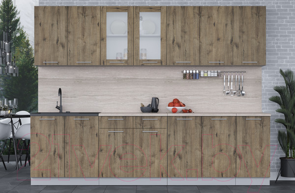 Изображение товара Кухонный гарнитур Интерлиния Мила 28 (дуб веллингтон/дуб веллингтон/травертин серый)