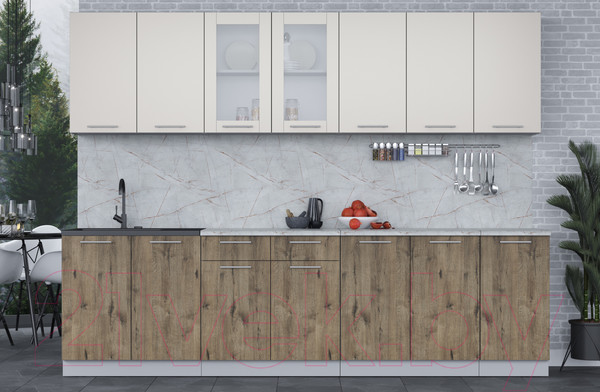 Изображение товара Кухонный гарнитур Интерлиния Мила 28 (персидский жемчуг/дуб веллингтон/серый каспий)