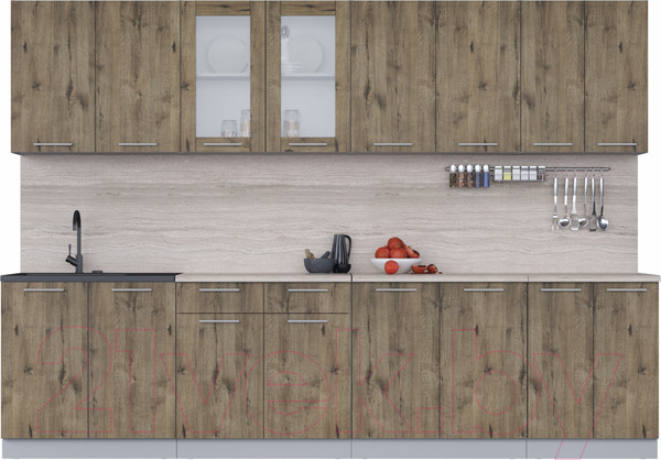 Изображение товара Кухонный гарнитур Интерлиния Мила 30 (дуб веллингтон/дуб веллингтон/травертин серый)