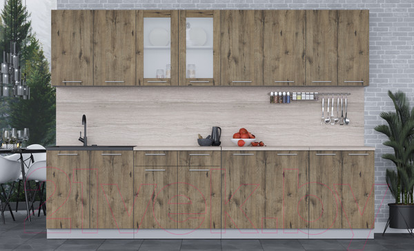 Изображение товара Кухонный гарнитур Интерлиния Мила 30 (дуб веллингтон/дуб веллингтон/травертин серый)