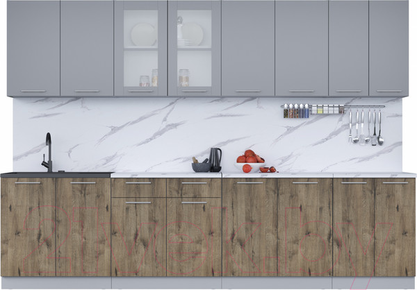 Изображение товара Кухонный гарнитур Интерлиния Мила 30 (серебро/дуб веллингтон/белый гранит)