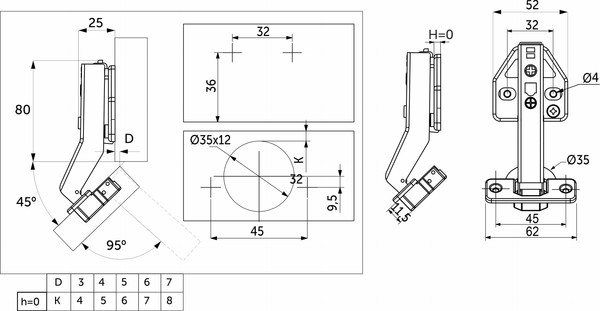 Изображение товара Петля мебельная AKS 45 градусов с доводчиком 45мм планка h0 clip-on 3D регулировка (угловая)