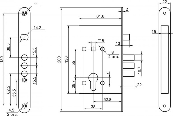 Изображение товара Замок врезной ПроСам ЗВ4-31/55 / 78927 (черный жемчуг)