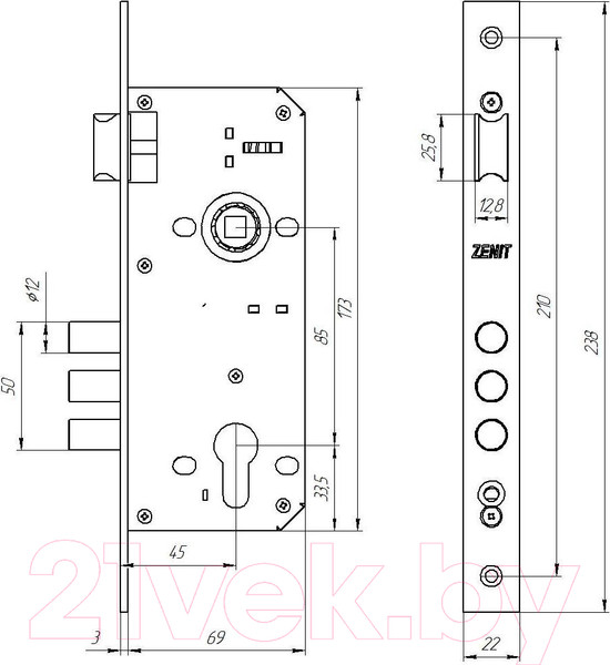 Изображение товара Замок врезной Зенит ЗВ4-85.3 (б/ц, хром)