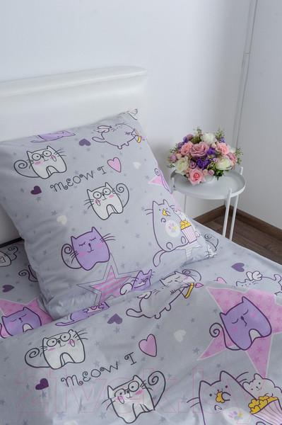 Изображение товара Комплект постельного белья Milanika Мяу-Мяу 1.5сп подростковый с наволочкой 70x70 (бязь)