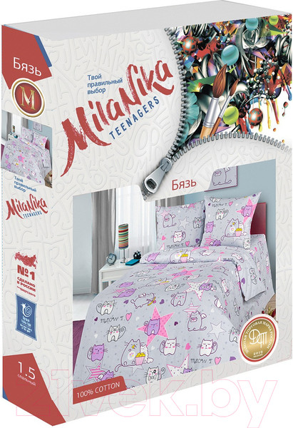 Изображение товара Комплект постельного белья Milanika Мяу-Мяу 1.5сп подростковый с наволочкой 70x70 (бязь)