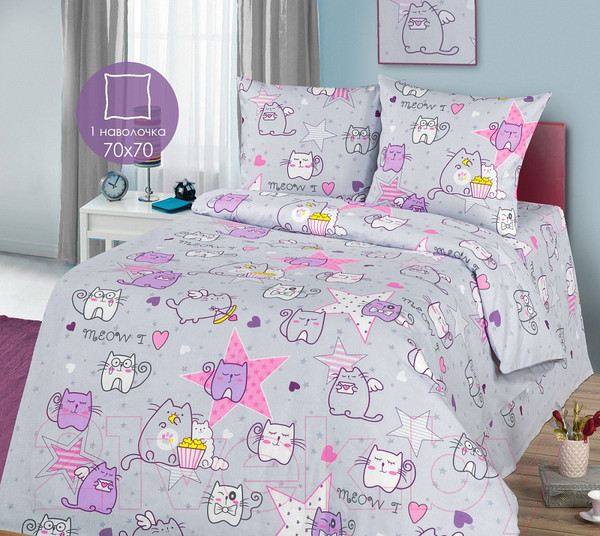 Изображение товара Комплект постельного белья Milanika Мяу-Мяу 1.5сп подростковый с наволочкой 70x70 (бязь)