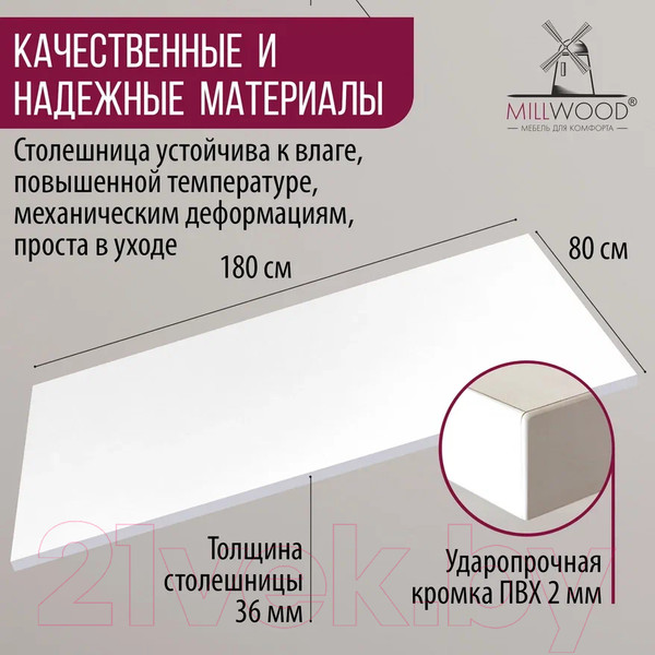 Изображение товара Столешница для стола Millwood ПФ 180x80x3.6 (белый)
