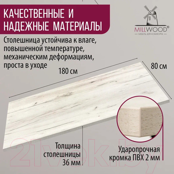 Изображение товара Столешница для стола Millwood ПФ 180x80x3.6 (дуб белый Craft)
