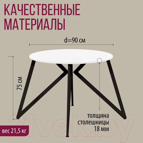 Изображение товара Обеденный стол Millwood Женева Л18 D90 (белый/металл черный)