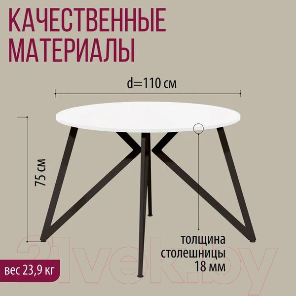 Изображение товара Обеденный стол Millwood Женева Л18 D110 (белый/металл черный)