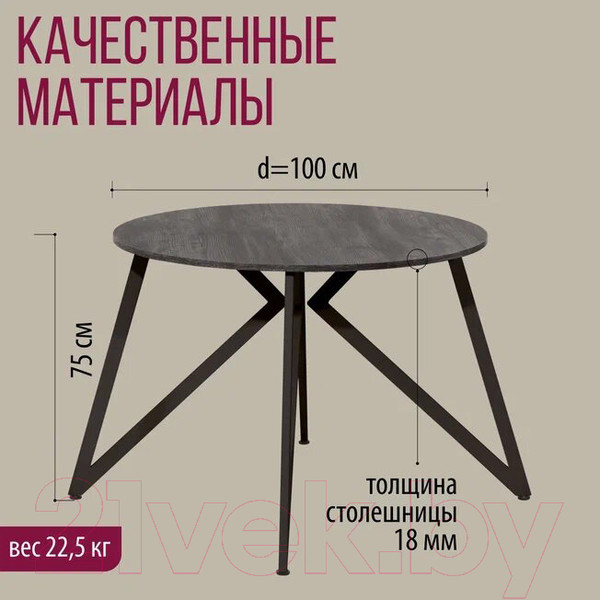 Изображение товара Обеденный стол Millwood Женева Л18 D100 (сосна пасадена/металл черный)