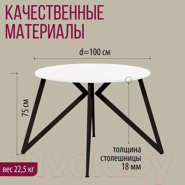 Изображение товара Обеденный стол Millwood Женева Л18 D100 (белый/металл черный)