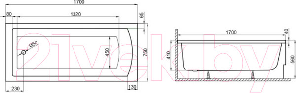 Изображение товара Ванна акриловая Polimat Tola 170x75 / 00604 (с ножками)