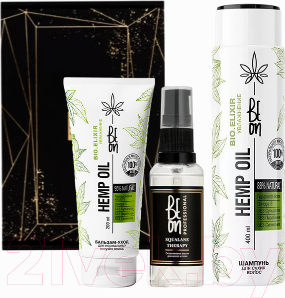 Изображение товара Набор косметики для волос BeOn Hemp Oil Увлажнение+Сквалан Шампунь+Бальзам+Масло (400мл+200мл+50мл)
