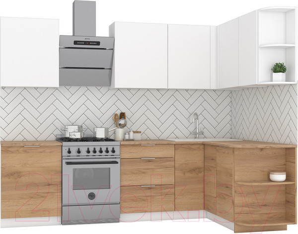 Изображение товара Кухонный гарнитур Интермебель Микс Топ-13 2.1x1.5м правая (белый премиум/дуб крафт золотой/дуб вотан)