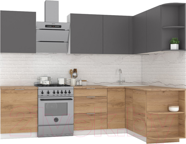 Изображение товара Кухонный гарнитур Интермебель Микс Топ-13 2.1x1.5м правая (графит серый/дуб крафт золотой/дуб вотан)