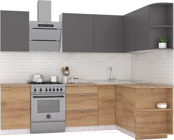 Изображение товара Кухонный гарнитур Интермебель Микс Топ-15 2.0x1.6м правая (графит серый/дуб крафт золотой/дуб вотан)