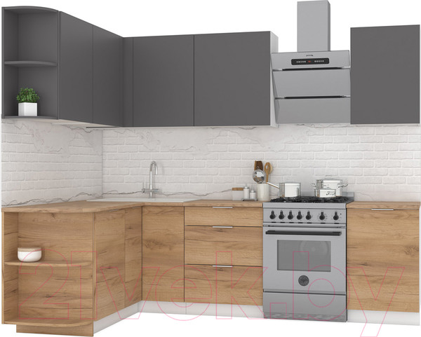 Изображение товара Кухонный гарнитур Интермебель Микс Топ-15 2.0x1.6м левая (графит серый/дуб крафт золотой/дуб вотан)
