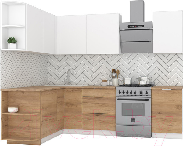 Изображение товара Кухонный гарнитур Интермебель Микс Топ-18 2.0x1.7м левая (белый премиум/дуб крафт золотой/дуб вотан)