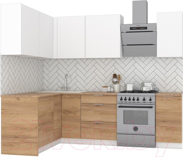 Изображение товара Кухонный гарнитур Интермебель Микс Топ-24 1.9x1.52м левая (белый премиум/дуб крафт золотой/дуб вотан)