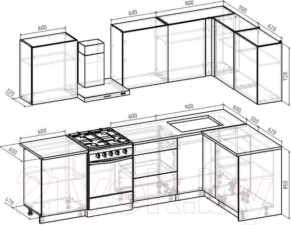 Изображение товара Кухонный гарнитур Интермебель Микс Топ-26 2.1x1.52м правая (дуб крафт золотой/графит серый/дуб вотан)