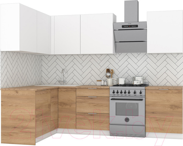 Изображение товара Кухонный гарнитур Интермебель Микс Топ-26 2.1x1.52м левая (белый премиум/дуб крафт золотой/дуб вотан)