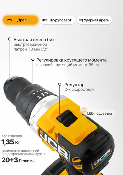 Изображение товара Аккумуляторная дрель-шуруповерт JCB 18BLCD-B-E(57243)