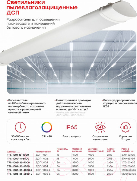 Изображение товара Светильник линейный EKF PROxima ДСП-1006-L 36Вт 6500К IP65 1200мм / TPL-1006-36-6500-L