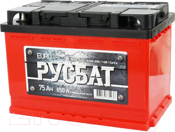 Изображение товара Автомобильный аккумулятор Русбат Евро 650А / 6CT-75VL 0 (75 А/ч)