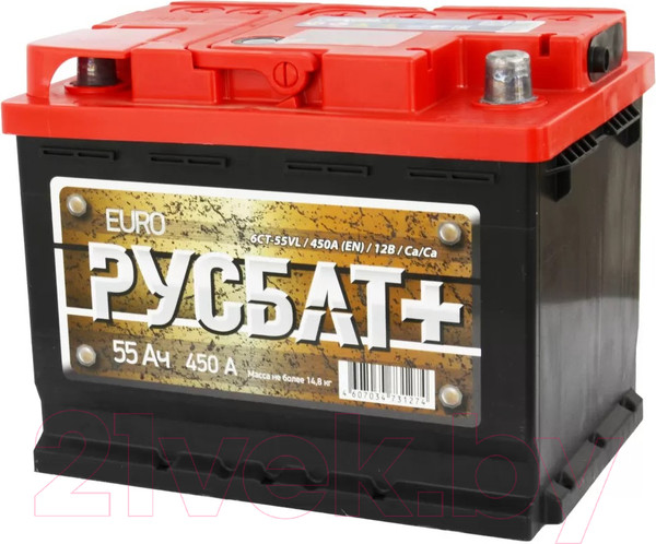 Изображение товара Автомобильный аккумулятор Русбат Евро 450А / 6СТ-55VL 0 (55 А/ч)