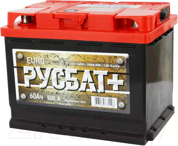 Изображение товара Автомобильный аккумулятор Русбат Евро 500А / 6CT-60VL 0 (60 А/ч)