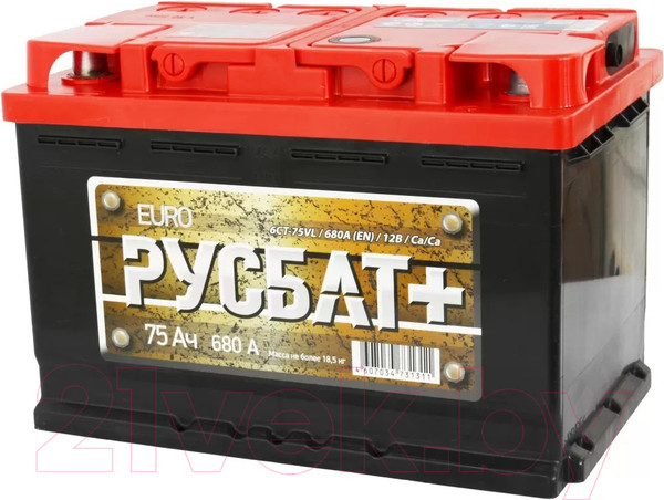 Изображение товара Автомобильный аккумулятор Русбат Евро 680А / 6CT-75VL 0 (75 А/ч)