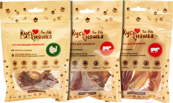 Изображение товара Набор лакомств для собак Кусьняшка Корень бычий/шея индейки/рубец говяжий