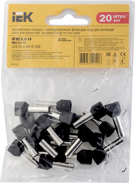 Изображение товара Набор гильз для кабеля IEK UTE10-4-D6-0-100 (20шт, черный)