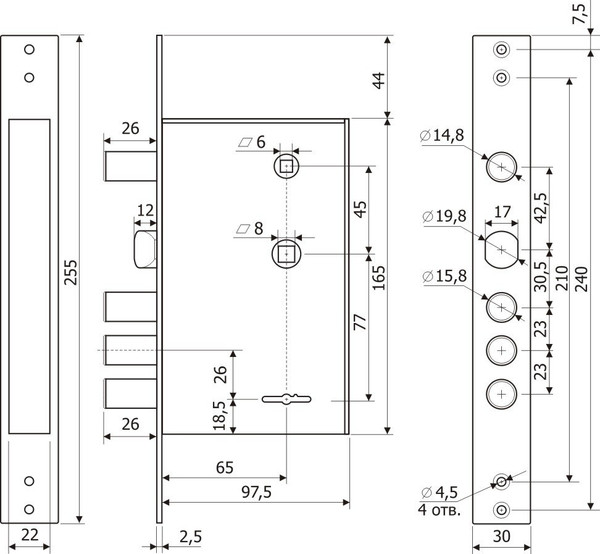 Изображение товара Замок врезной Гардиан 3012 ЗК303Н-01 (4 длинных ключа)