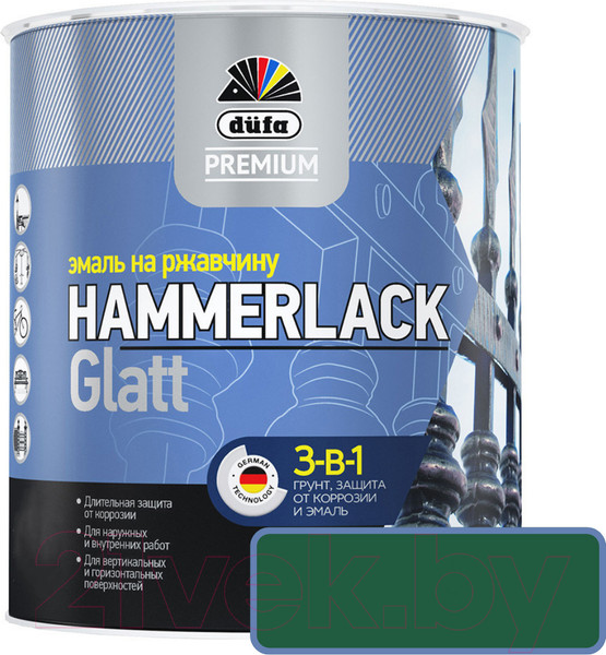Изображение товара Эмаль Dufa Hammerlack на ржавчину гладкая RAL6005 (2л, зеленый мох)