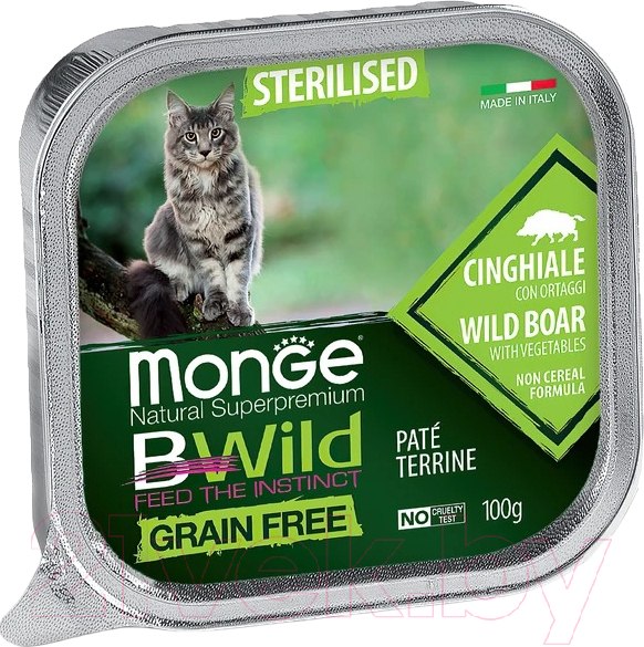 Изображение товара Влажный корм для кошек Monge BWild Grain Free из кабана с овощами, ламистер (100г)